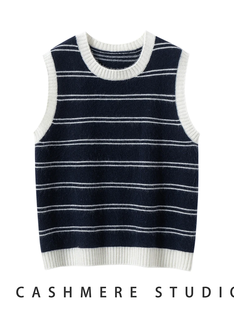 

TLOML Autumn Winter Women's 100% Cashmere Sweater O-neck Striped Cashmere Waistcoat Comfy Soft Cashmere Knitwear Sleeveless Tops