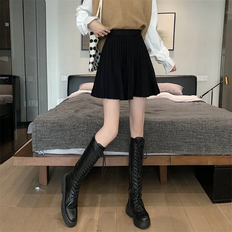 Female Casual Korean Pleated Solid Color Elastic Waist Pleated Skirt Autumn Winter Women Clothing Sweet Elasticity New Skirts