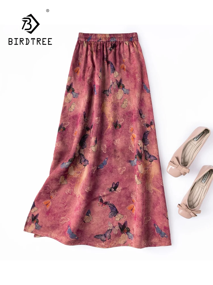 BirdTree-100%Real Silk Watered Gauze Elegant Skirts, Elastic Waist Jacquard, Women Retro Straight Skirt, 2026 Autumn B69728CC