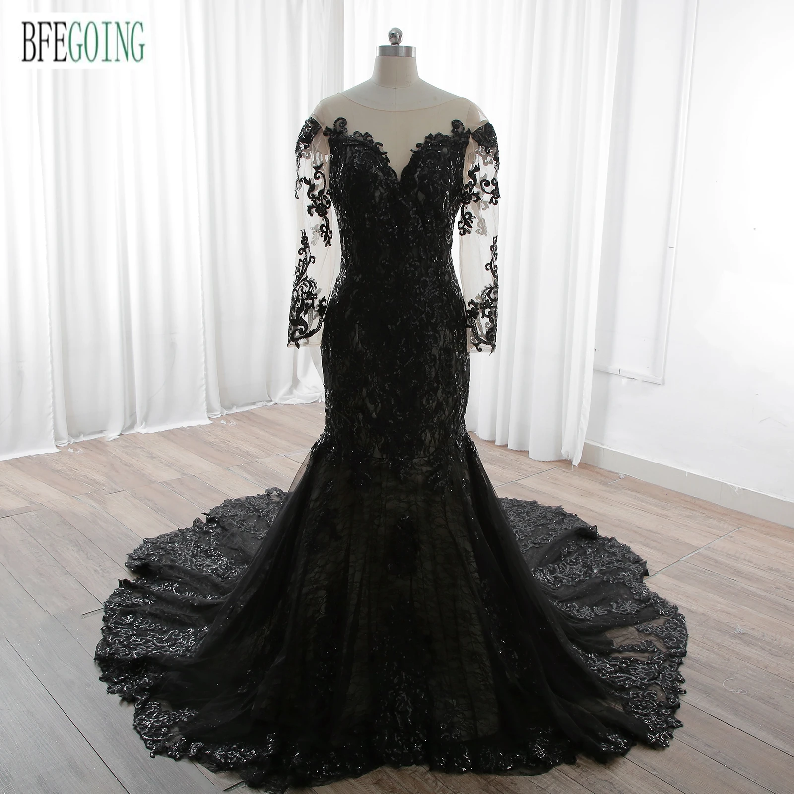 

Black Lace Tulle Mermaid/Trumpet Wedding Dresses Chapel Train Custom Made Long Sleeves Floor-Length Layered Skirt Bridal Gowns