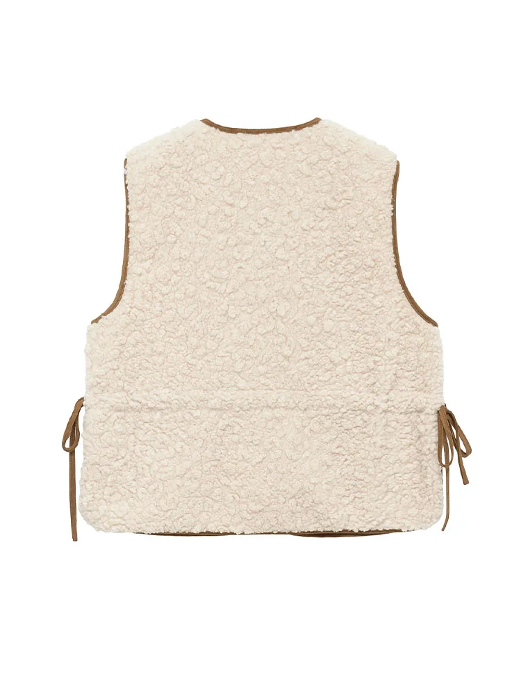 HH Women Winter New Fashion Warm Crew Neck Adjustable Waist Lamb Wool Vest Female Casual Versatile Zipper Bow Tie Sleeveless Top