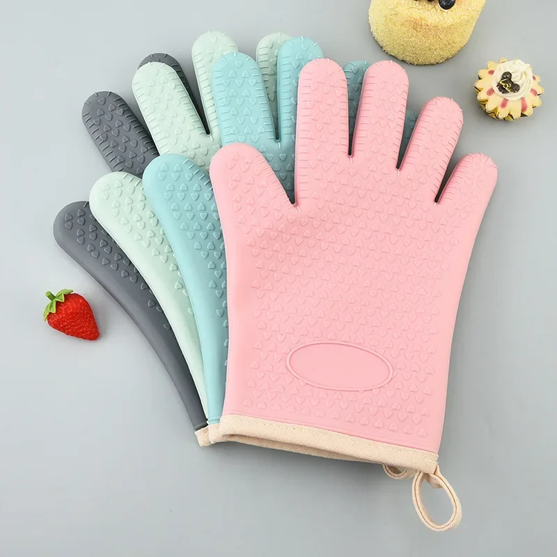 1/2pc Kitchen microwave silicone insulated oven hot gloves plus cotton high temperature waterproof household baking gloves