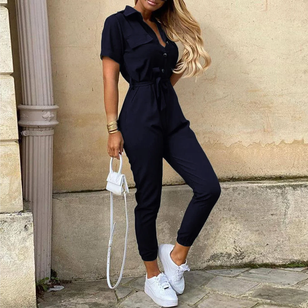 Letters Printed Black Casual Short Sleeve Cargo Long Pants Jumpsuits With Belt Women Summer Half Button Female Overalls Jumpsuit