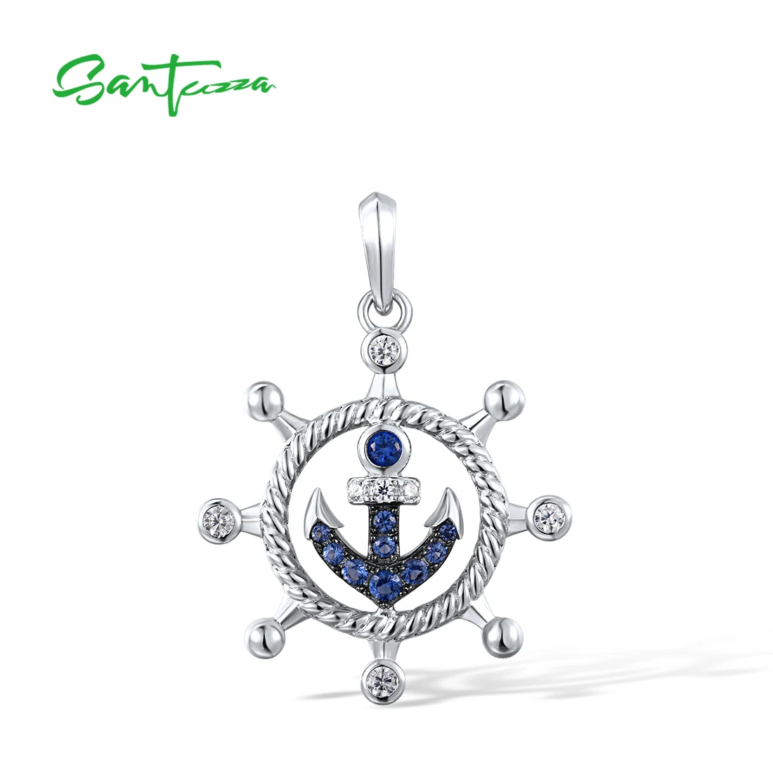 

SANTUZZA Authentic 925 Sterling Silver Pendant For Women Sparkling Blue Nano Cubic Zirconia Fashion Anchor Trendy Fine Jewelry