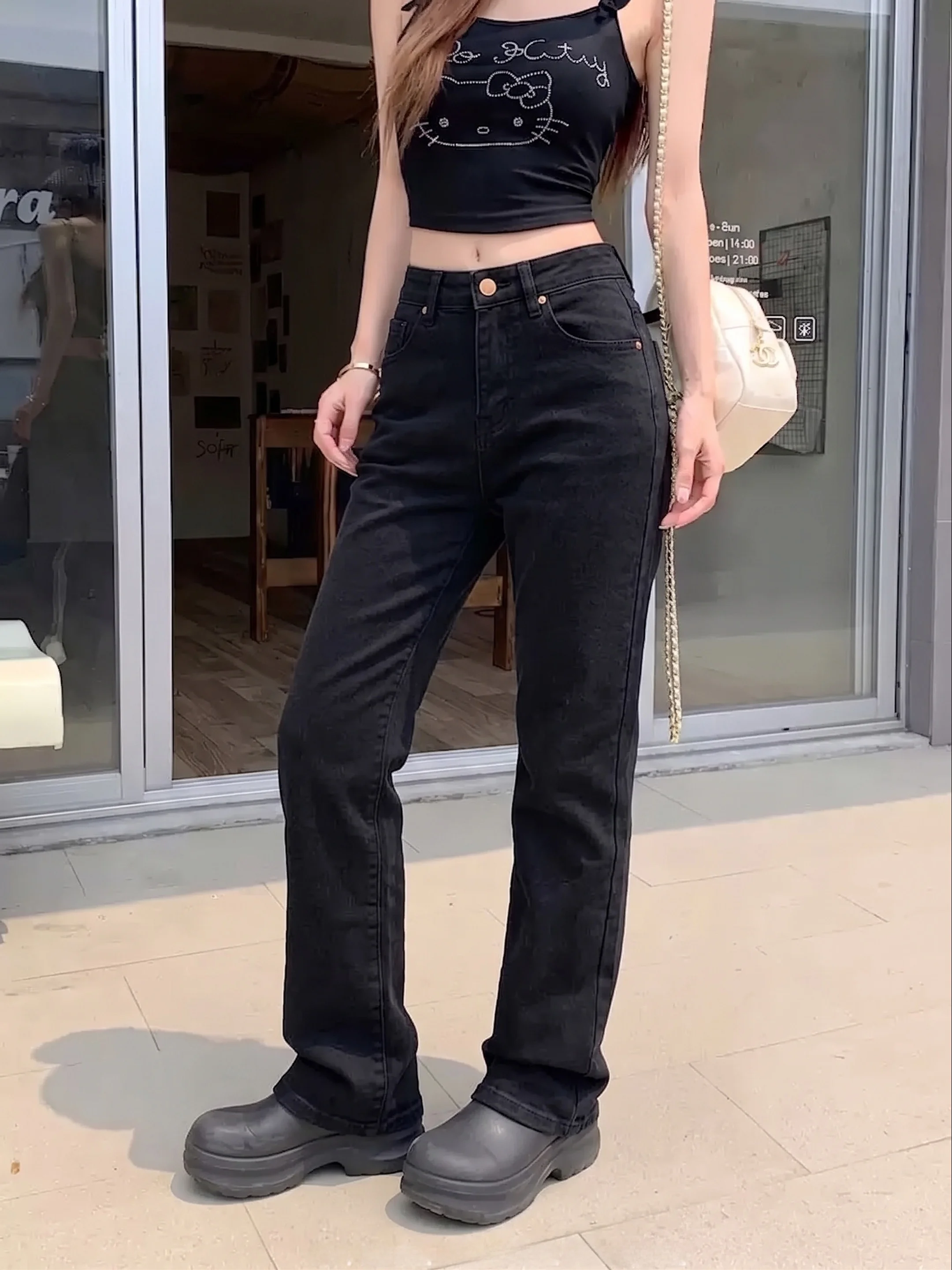 High Waist Straight Leg Jeans Women's Casual Slimming Leg Shaping Concealing Cotton Denim Pants All Seasons Black Classic