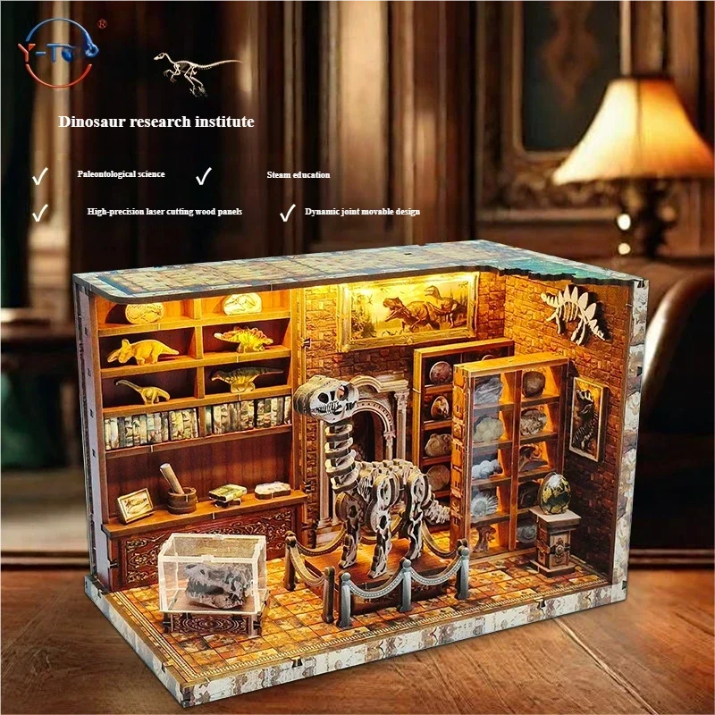 

Dinosaur Research Institute DIY Hut Handmade Assembled Toy Wooden Book Stand Small House Miniature Scene Creative Gift