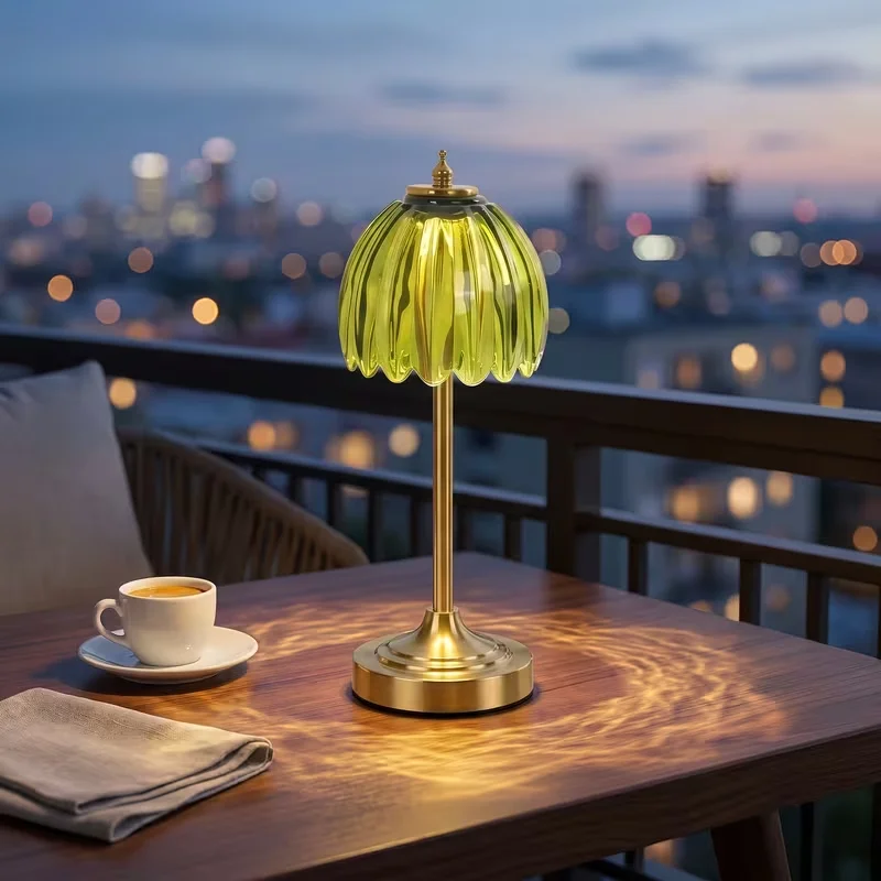 Vintage Glass Table Lamp LED Light Source 3 Tone Light Touch Control Function Rechargeable Module Green Pleated Lampshade Ambient Light Golden Tone Decorative Desk Lamp Elegant Bedside Table Decor Creative Gift for Living Room Bedroom Cafe