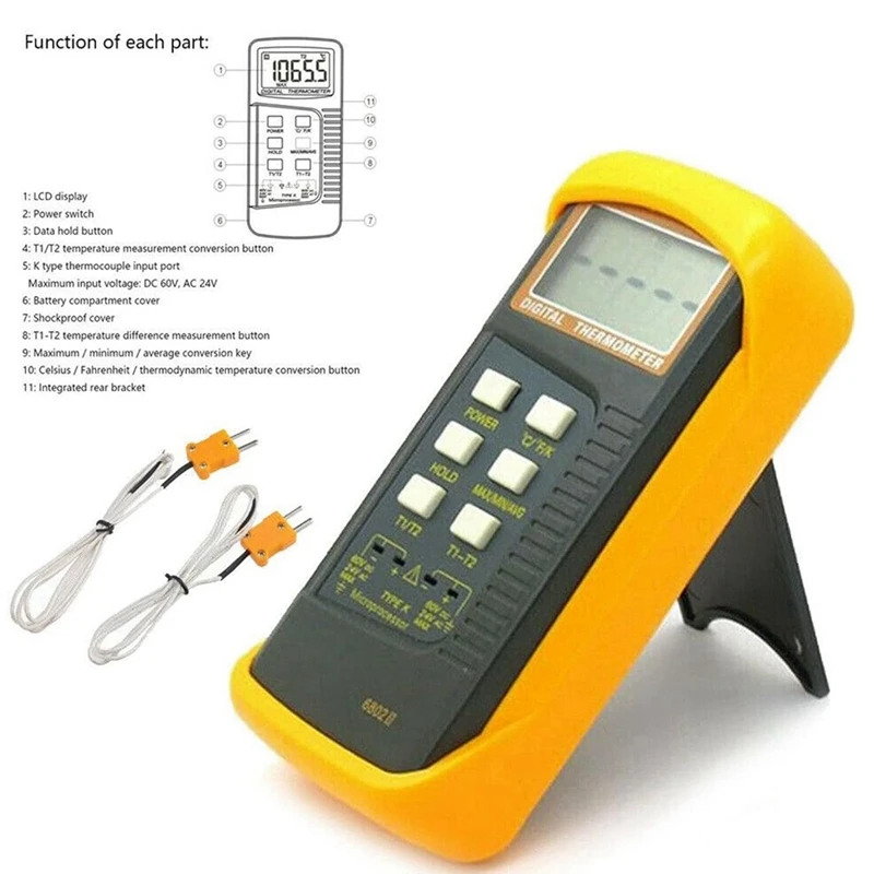 Digital K Type Thermocouple Thermometer(-50-1300°C) Dual Channel, 2 Thermometer Pipe Clamp And 2 Sensor Probes