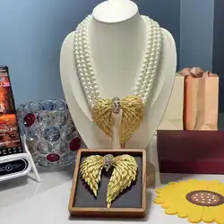 Luxury exaggerated multi-layer pearl necklace Fashion vintage gold color wings rhinestone earrings women wedding banquet jewelry