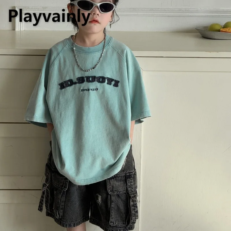 

Детская футболка, новинка 2025, летние свободные топы с круглым вырезом и короткими рукавами реглан для мальчиков, синие модные футболки в стиле ретро, детская одежда A85062