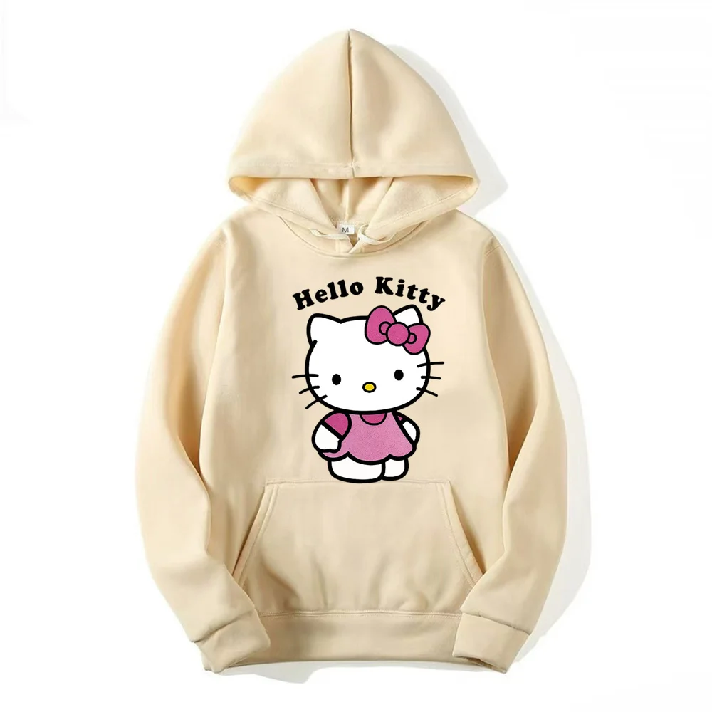 Bonitos moletons estampados Hello Kitty para mulheres, capuz casual confortável, capuz solto clássico, roupas básicas originais, na moda, quente