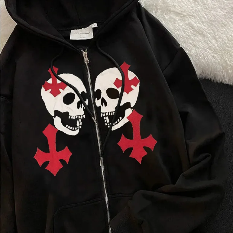 

Skeleton Wings Printed Fashion Women Zipper Hooded Sweatshirt Korean style Spring / Autumn Women Casual Wool Hooded coat Jacket