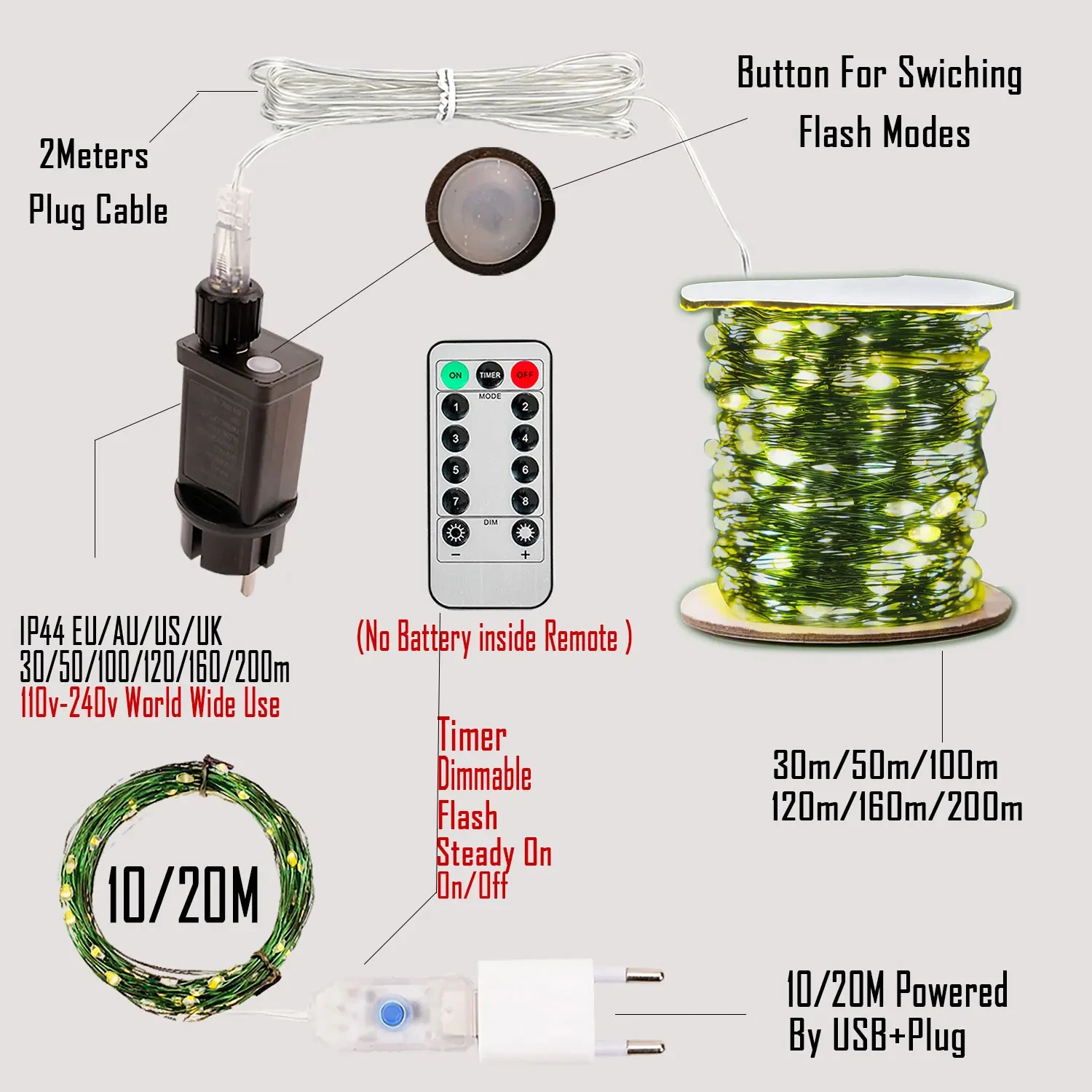 Green Wire 8 Modes Fairy String Light Waterproof Firefly Lamp Remote Decoration For Bedroom Wedding