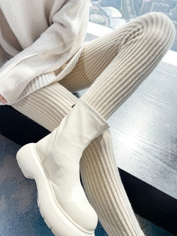 ارتفاع الخصر العمودي المشارب المرأة طماق مثير الأسود محبوك الدافئة سليم صالح الخريف الشتاء الصوف مزيج السراويل #5