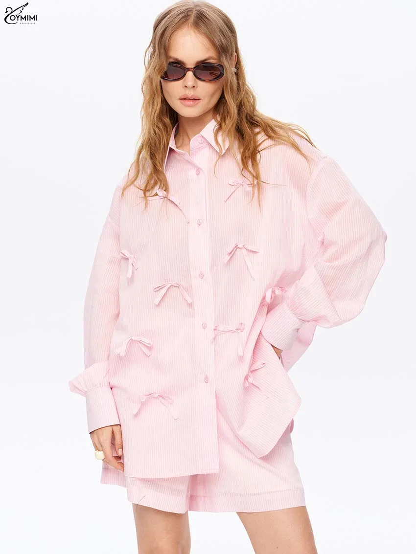 ชุดเซ็ตสองชิ้นสำหรับผู้หญิง Oymimi สีชมพูอ่อน ผ้าฝ้าย ดีไซน์ทันสมัย เสื้อเชิ้ตแขนยาวติดกระดุมผูกเชือก และกางเกงขาสั้นเอวกลางมีกระเป๋า