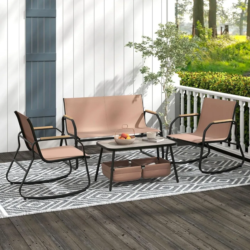 

4-piece terrace furniture set, equipped with 2 rocking chairs, bar chairs, double-layer coffee table, and breathing apparatus