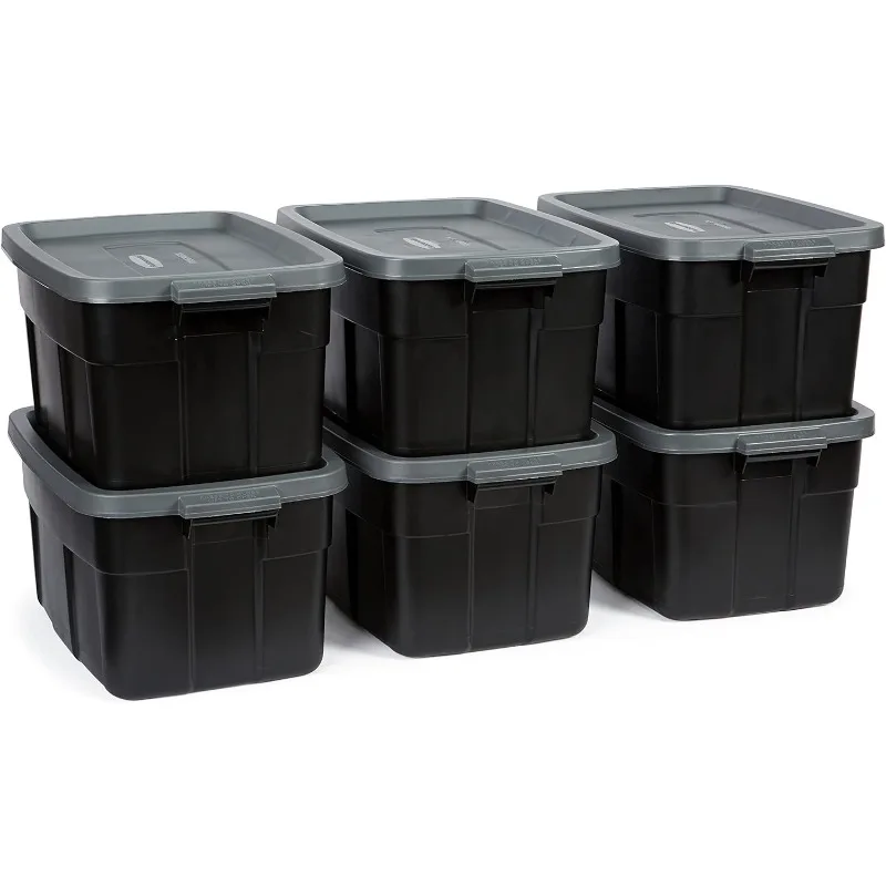 

Roughneck Tote, 14 Gallon Stackable Storage Container with Stay Tight Lid and Easy Carry Handles, Black and Cool Gray (6 Pack)