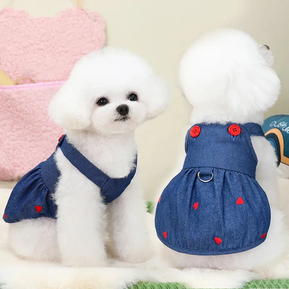 2024 Fashion Summer Dresses for Small Dogs Spring Summer Pet Denim Dress Puppy Skirt Cat Clothing Sweet Love Clothes for Poodle