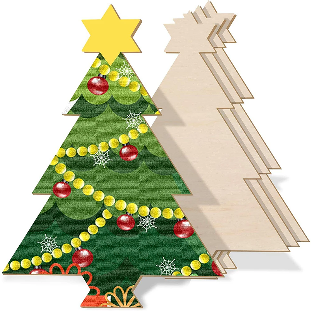 10PCS Wooden Christmas Tree Cutouts Wooden Ornaments Wood Tree Shapes for Xmas Party Decoration Supplies