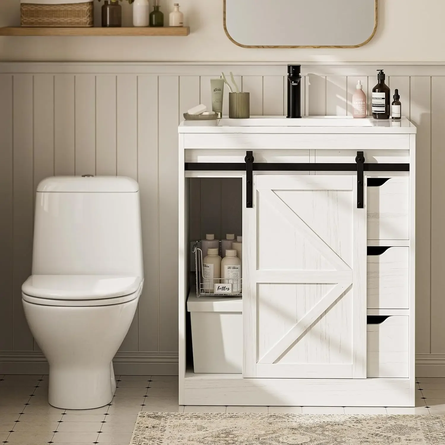 Bathroom Vanity with Sink, Freestanding Farmhouse Bathroom Storage Cabinet with 3 Drawers & Sliding Door, White Resin Basin Vani