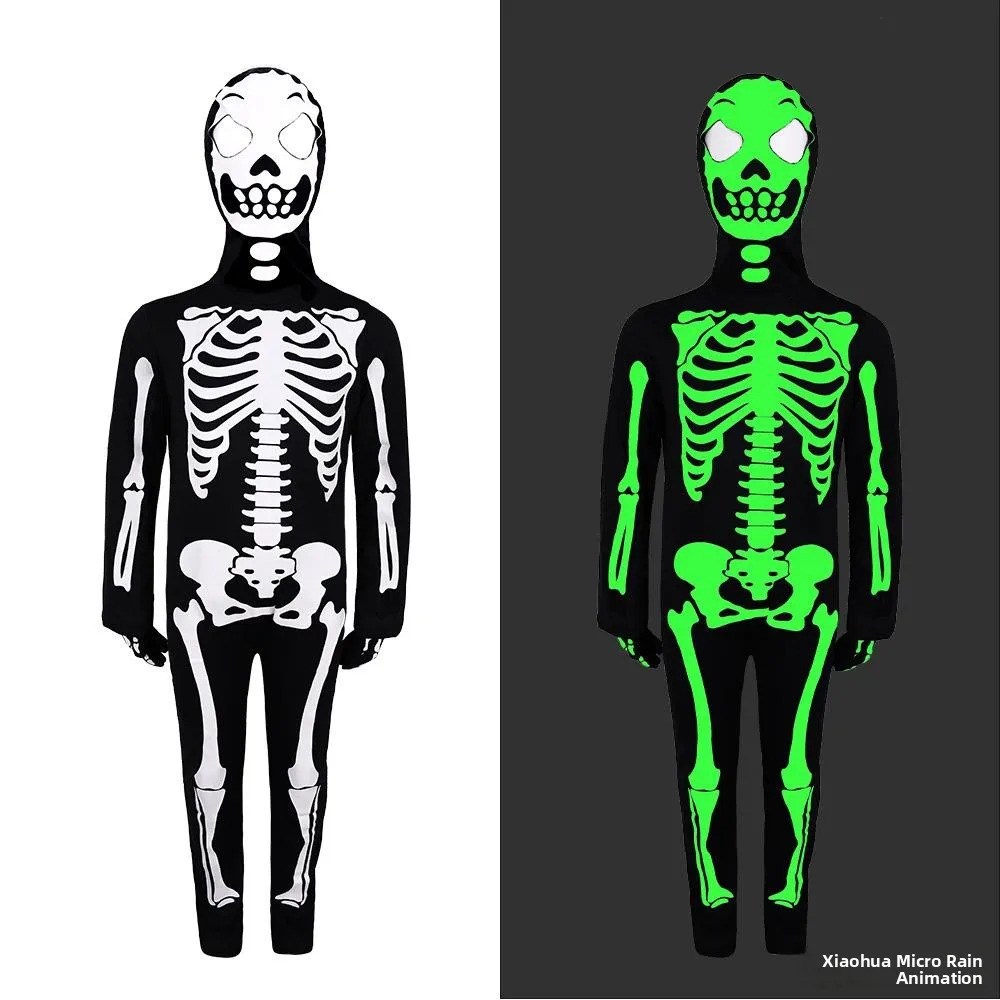 زي هيكل عظمي مضيء للأطفال لعروض المسرح وحفلات التنكر، بدلة قطعة واحدة لعيد الهالوين والفعاليات عبر الحدود