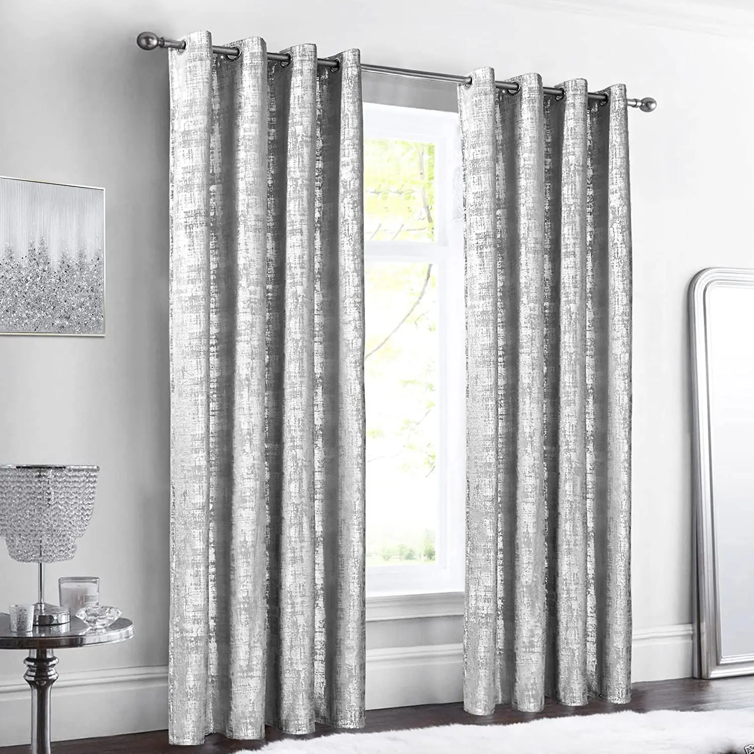 Silver Grey Curtains,Modern Elegant Art Deco Sparkle Metallic Crushed Velvet Blackout Window Curtains for Bedroom