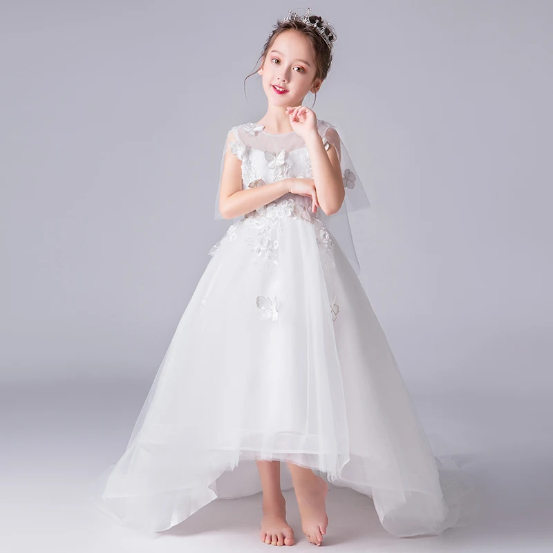 Long Trailing Appliques Lace Kids Princess Dress For Birthday Party Wedding White Ball Gown Elegant Formal First Communion Dress