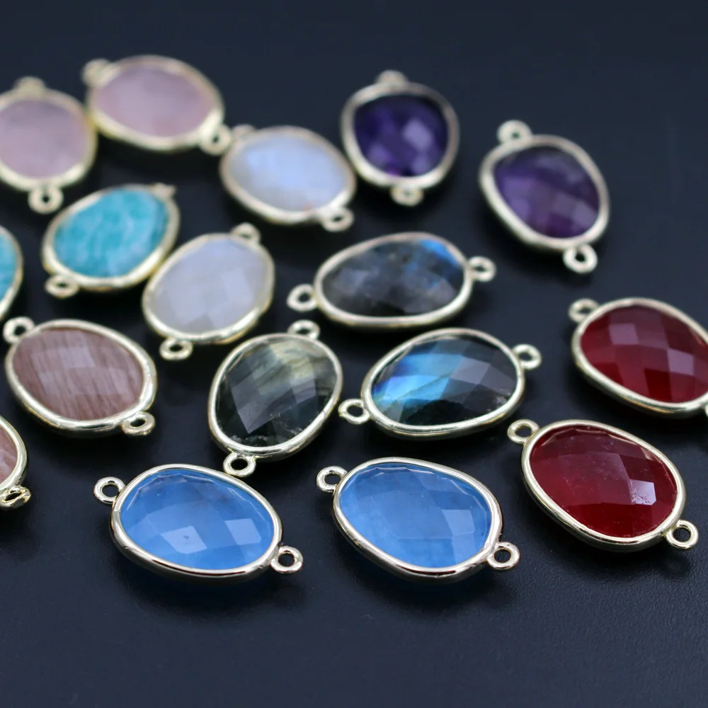 10pcs Fashion Faceted Natural Stone Connectors Oval Labradorite Rose Quartz Amethyst Charms For DIY Women Earrings Bracelet