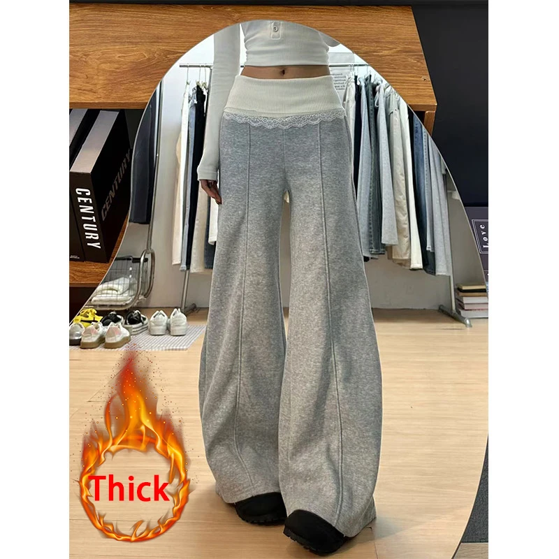 MEXZT Streetwear Fleece Sweatpants Women Lace Patchwork Baggy Joggers Korean Fashion Wide Leg Pants Winter Casual Trousers New