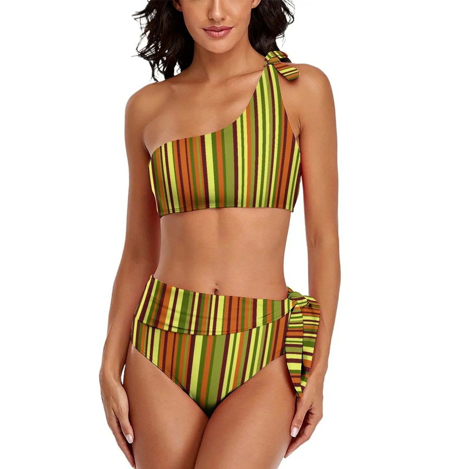 Costume da bagno Bikini Sexy con stampa a righe alla moda costumi da bagno a righe colorate Bikini estetici a vita alta con cravatte Bikini femminili