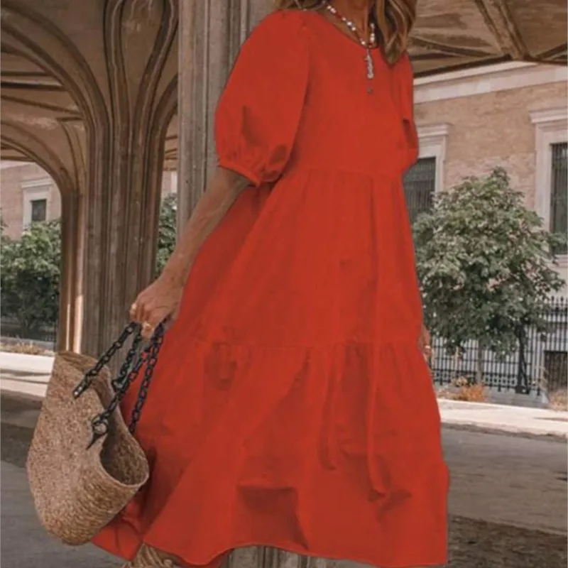 Summer Women's New Style Retro Solid Color Mid-Length Dress Sun Protection  Short Sleeve Round Neck Bohemian Casual Beach Dress