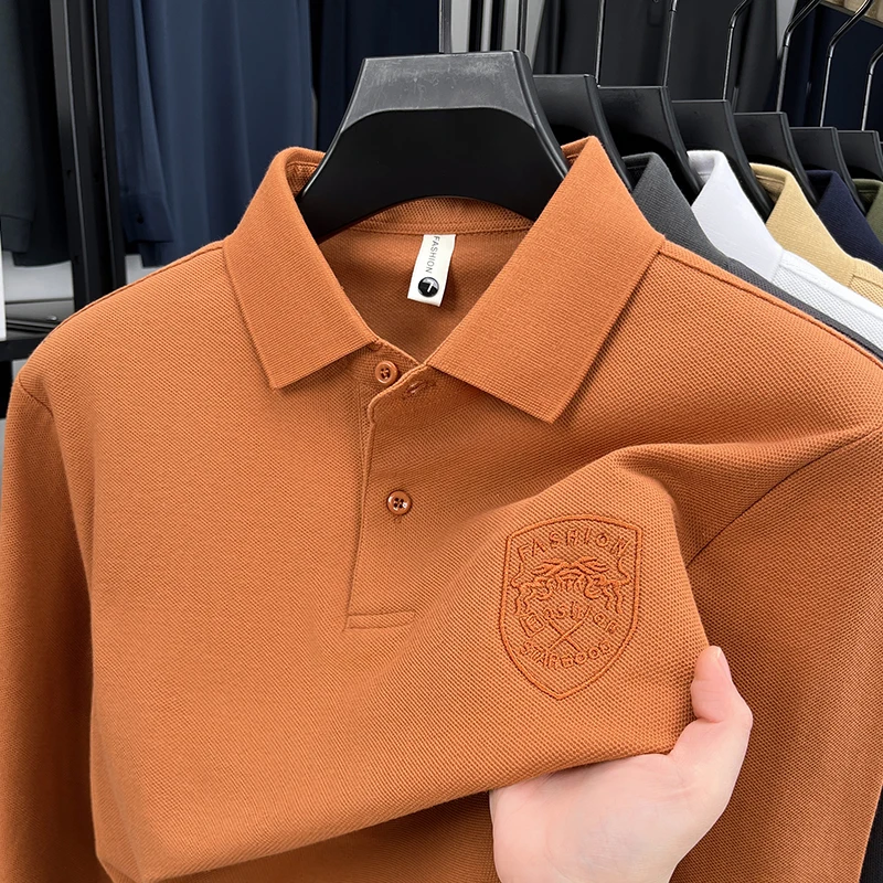 قميص بولو رجالي فاخر بأكمام طويلة وطية صدر السترة 100% قطن قابل للتنفس ومضاد للبيلينغ ملابس رجالية كلاسيكية عصرية متعددة الاستخدامات #1