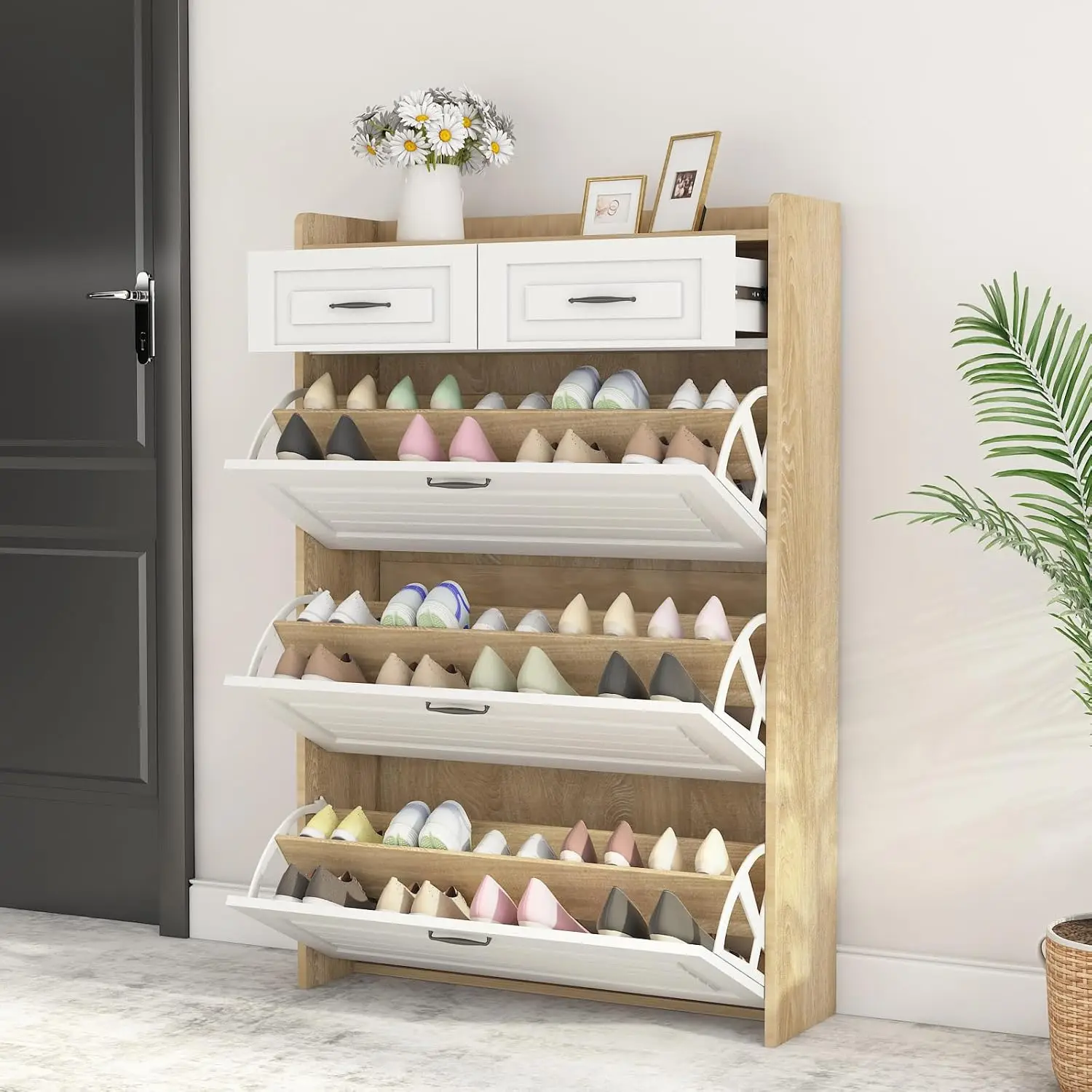 

Shoe Cabinet for Entryway, Shoe Cabinet with 3 Flip Drawers & 2 Storage Drawers, Wood Shoe Storage Cabinet for 24 Pair of Shoes