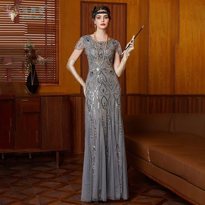 

Элегантное серое платье с аппликацией и блестками, вечернее платье в стиле ретро для выпускного вечера, большие размеры 1920-х годов, коктейльное платье русалки в стиле Гэтсби, платье подружки невесты