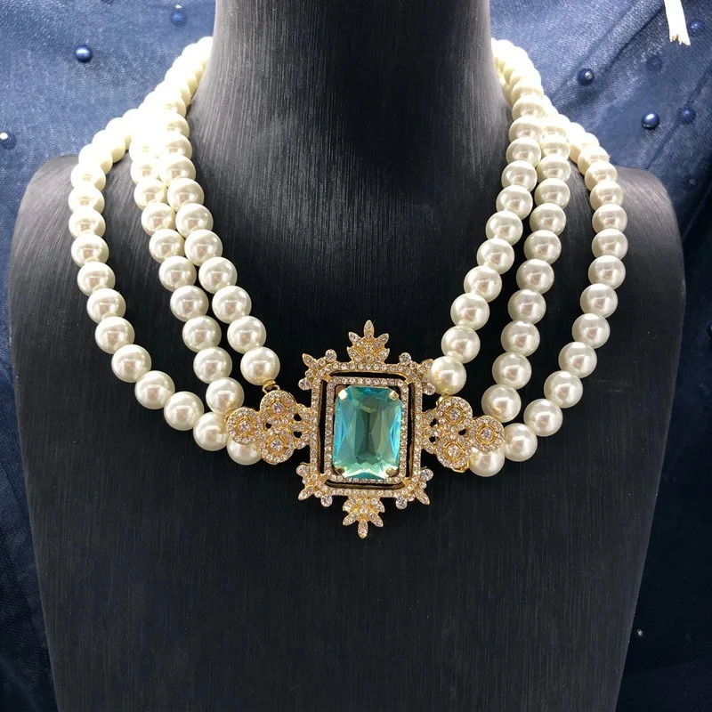 

Heavy Industry Jewelry Retro Multi-layer Glazed Pearl Necklace with Colored Rhinestone Premium Design Versatile Necklace
