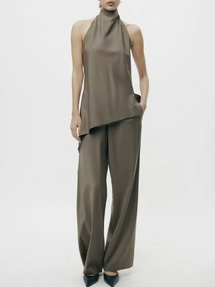 

European and American style summer new women's clothing fashion halter neck minimalist top mid-waist trousers suit