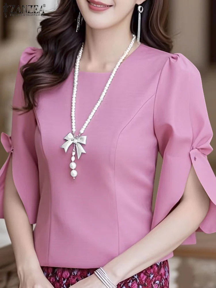 

ZANZEA Office Commute O-Neck Blusas Mujer Solid Color Summer 2025 Fashion Slit-Cuffs 3/4 Sleeve OL Tops Elegant Womens Blouses