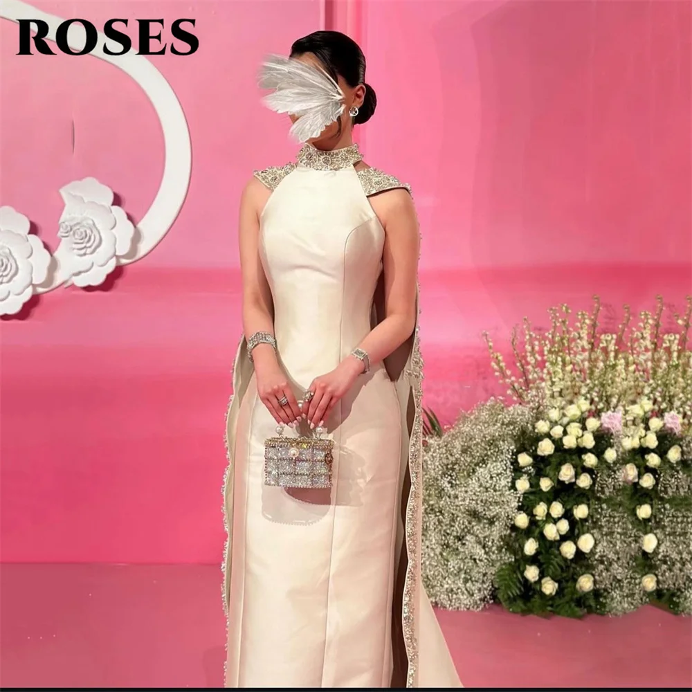 ROSES – robe de bal élégante, blanc cassé, col licou, robes de soirée brodées de cristaux, dos ouvert, Cape, personnalisées
