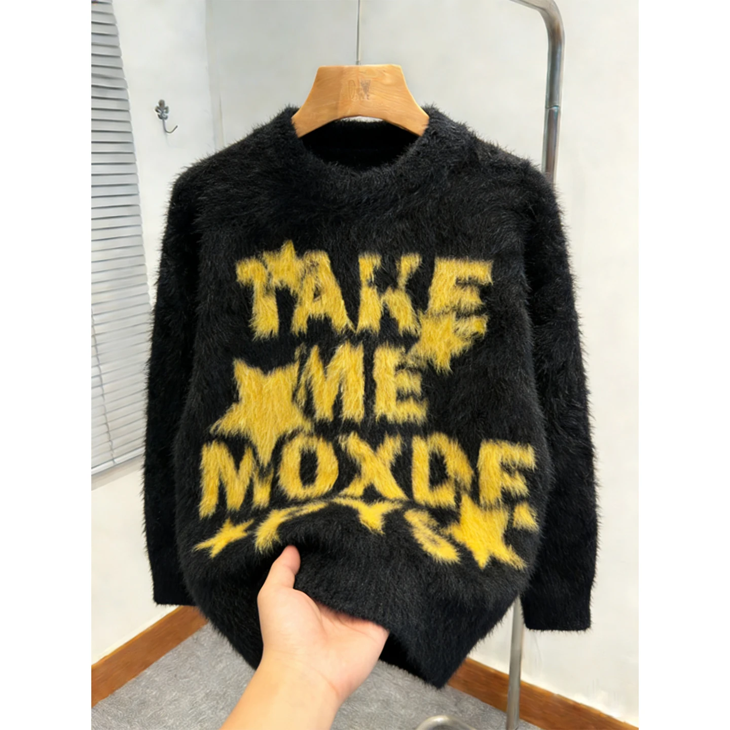 

Модный мужской вязаный свитер с вышивкой букв, осенне-зимний, мягкий, в американском стиле, с круглым вырезом, теплый, с имитацией меха