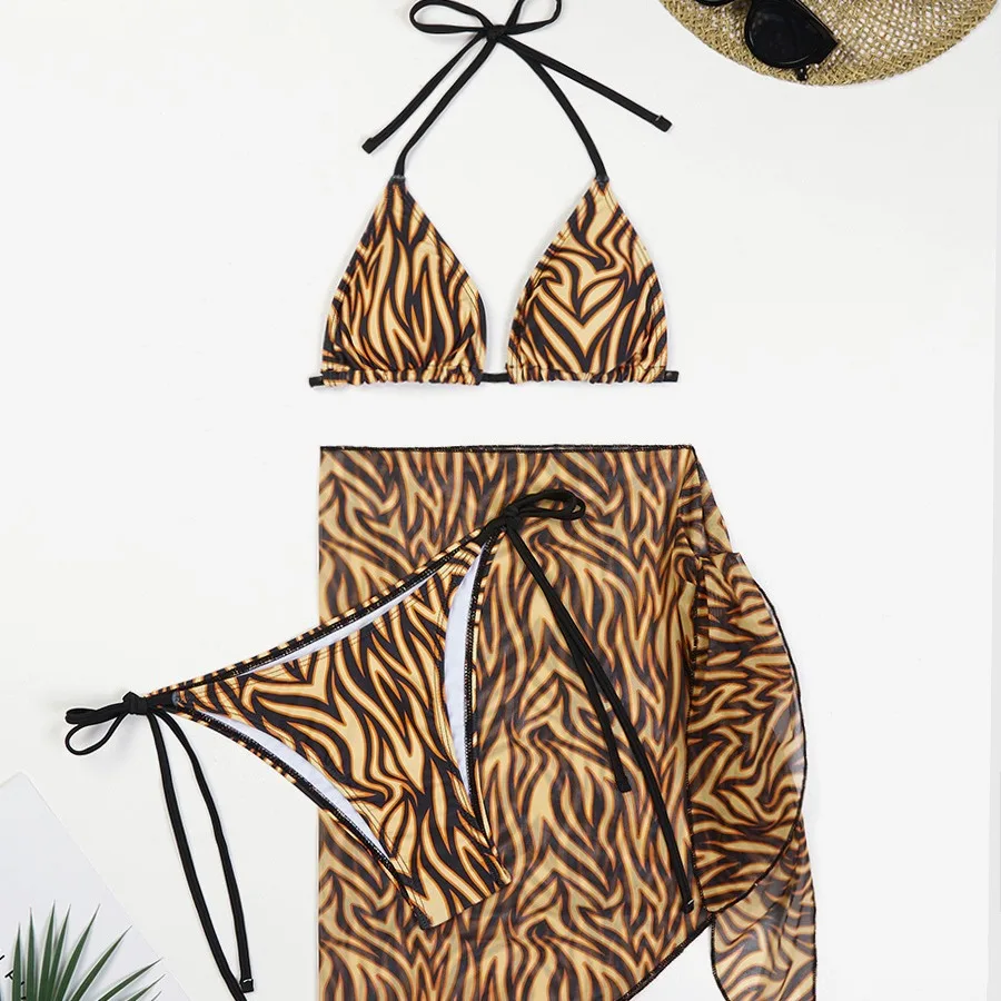 

2024 New 3 Pieces Set Swimsuit Women Thong Swimwear Sexy Zebra Print Micro Bikini Set With Skirt Cover Up Beachwear Bathing Suit