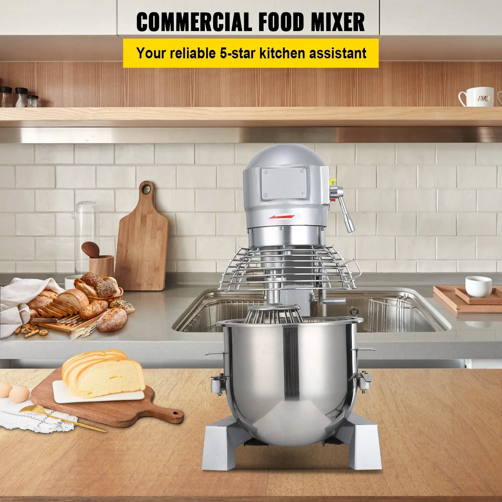 Commercial Food Mixer 20Qt 750W 3 Speeds Adjustable 105 180 and 408 RPM Food Processor Heavy Duty with Stainless Steel Bowl