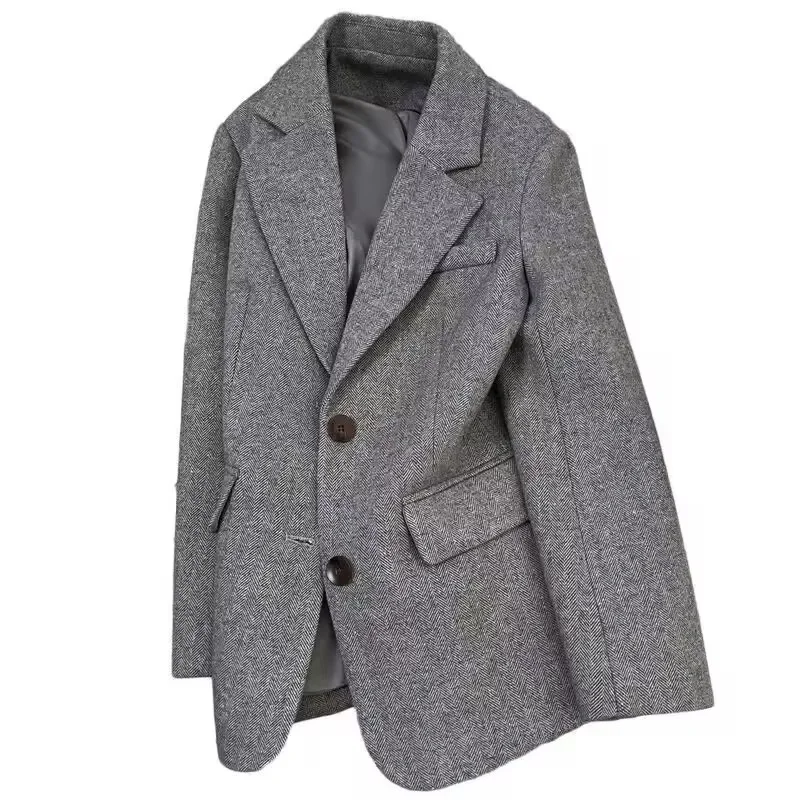 Grey Herringbone Pattern Woolen Suit Jacket for Women 2026 New Autumn Winter Retro Commuting Casual Top Female Single Breasted