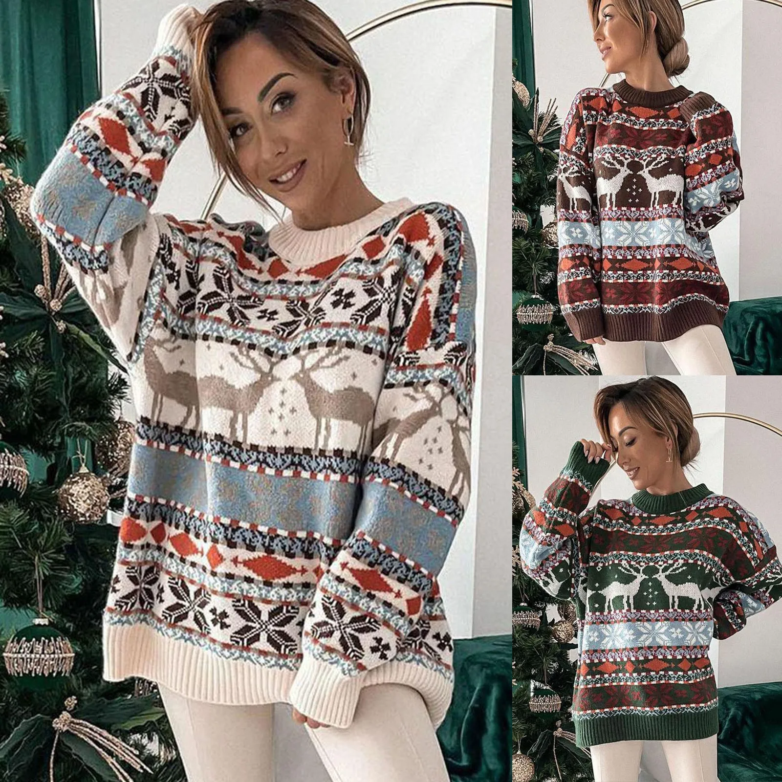 2024 Winter Christmas Sweaters for Women Jacquard Print Warm Soft Knitwear Full Sleeve Casual Loose Jumpers Xmas Look Pull Femme