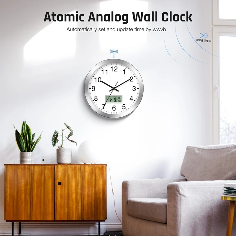 12Inch Atomic Analog Wall Clock With Digital Date,Week,Indoor Temp - Battery Operated Atomic Wall Clock, Auto Set