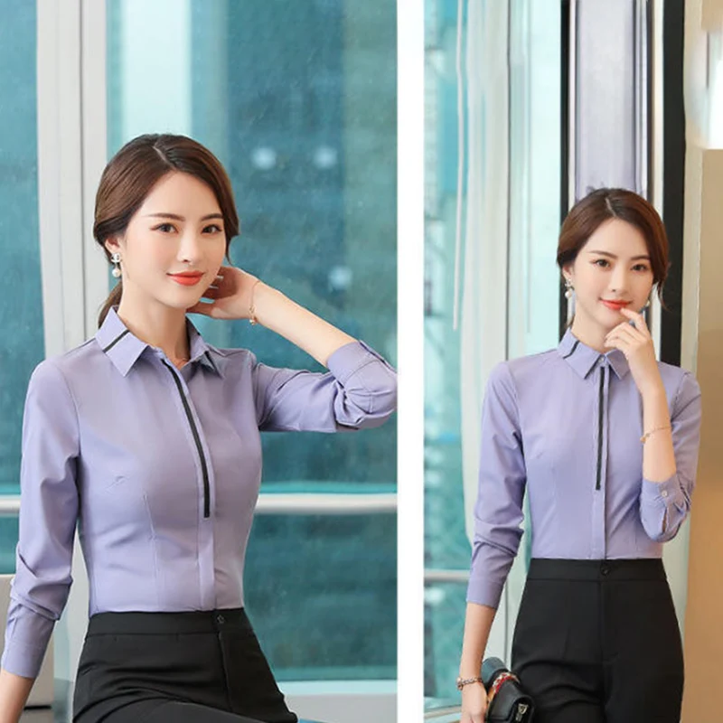 موضة فستان مخطط قمصان ربيع الخريف أنيقة مكتب سيدة قميص رسمي للأعمال التباين اللون سليم صالح قمصان العمل غير رسمية امرأة