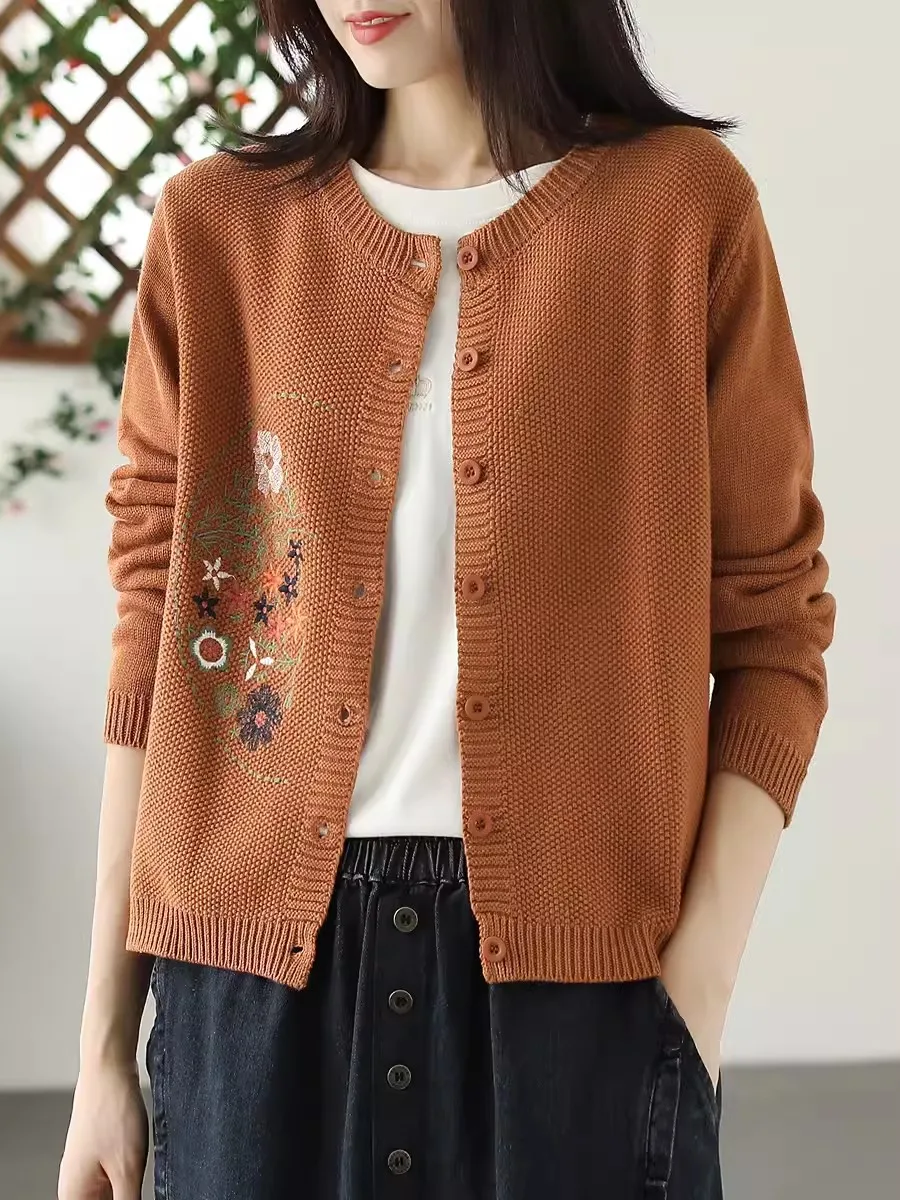 2024 New Autumn Floral Embroidery Women Thin Cardigans O-Neck Long Sleeve Slim Fit Sweaters Office Lady Short Knitwear Coat