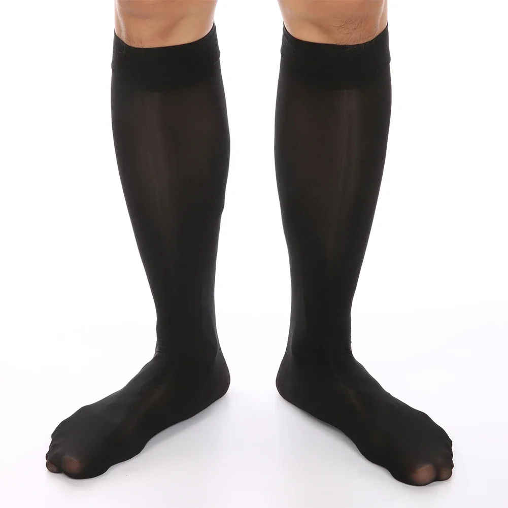 Mens Sexy Thin Oil Shiny Transparent Stockings Stretchy Knee High Long Socks Hoisery Sheer Pantyhose Japanese Male Business Sock