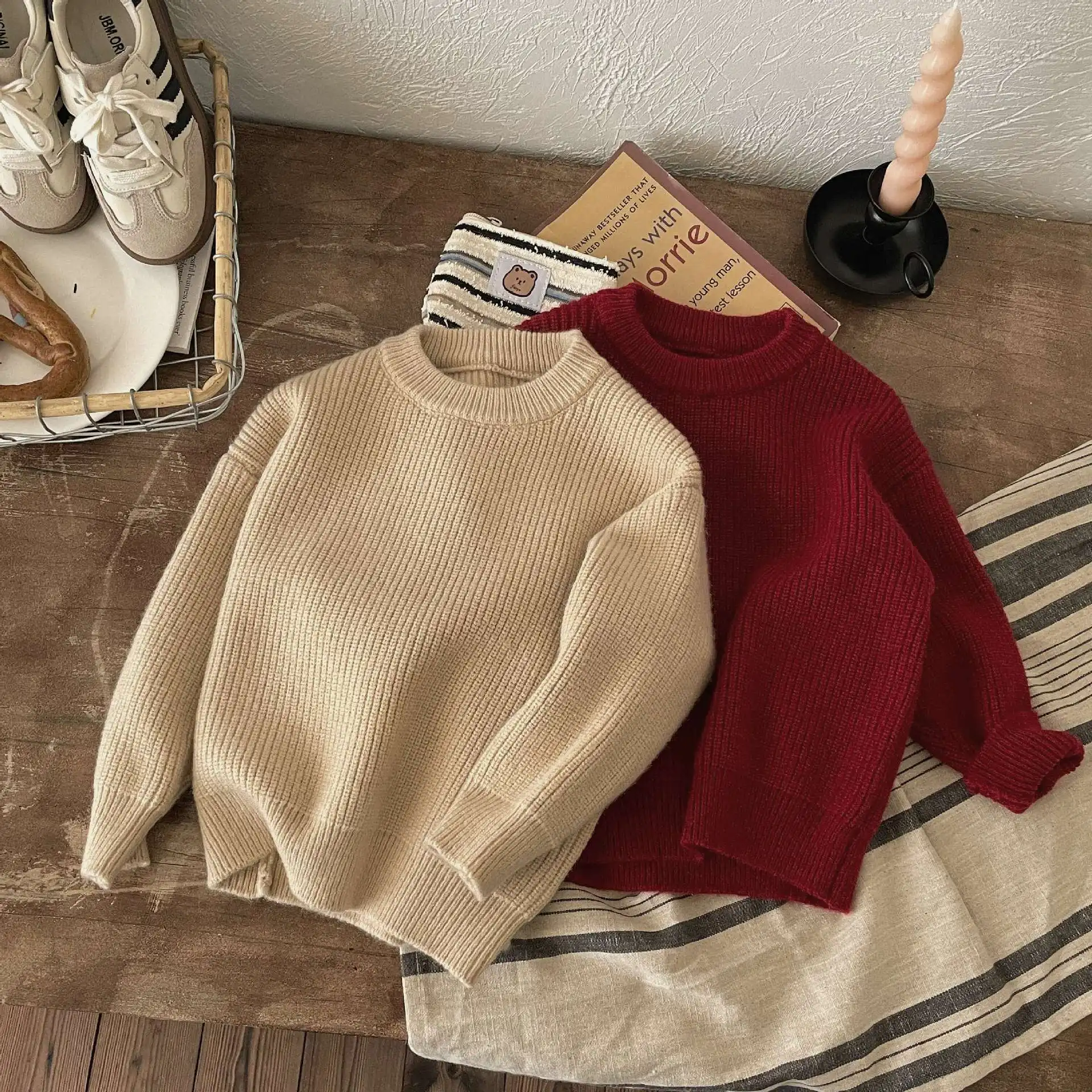 2025 Autumn & Winter Red Kids Sweater, Solid Color Loose Knit, Warm & Thick Pullover for Boys & Girls, Versatile and Cozy