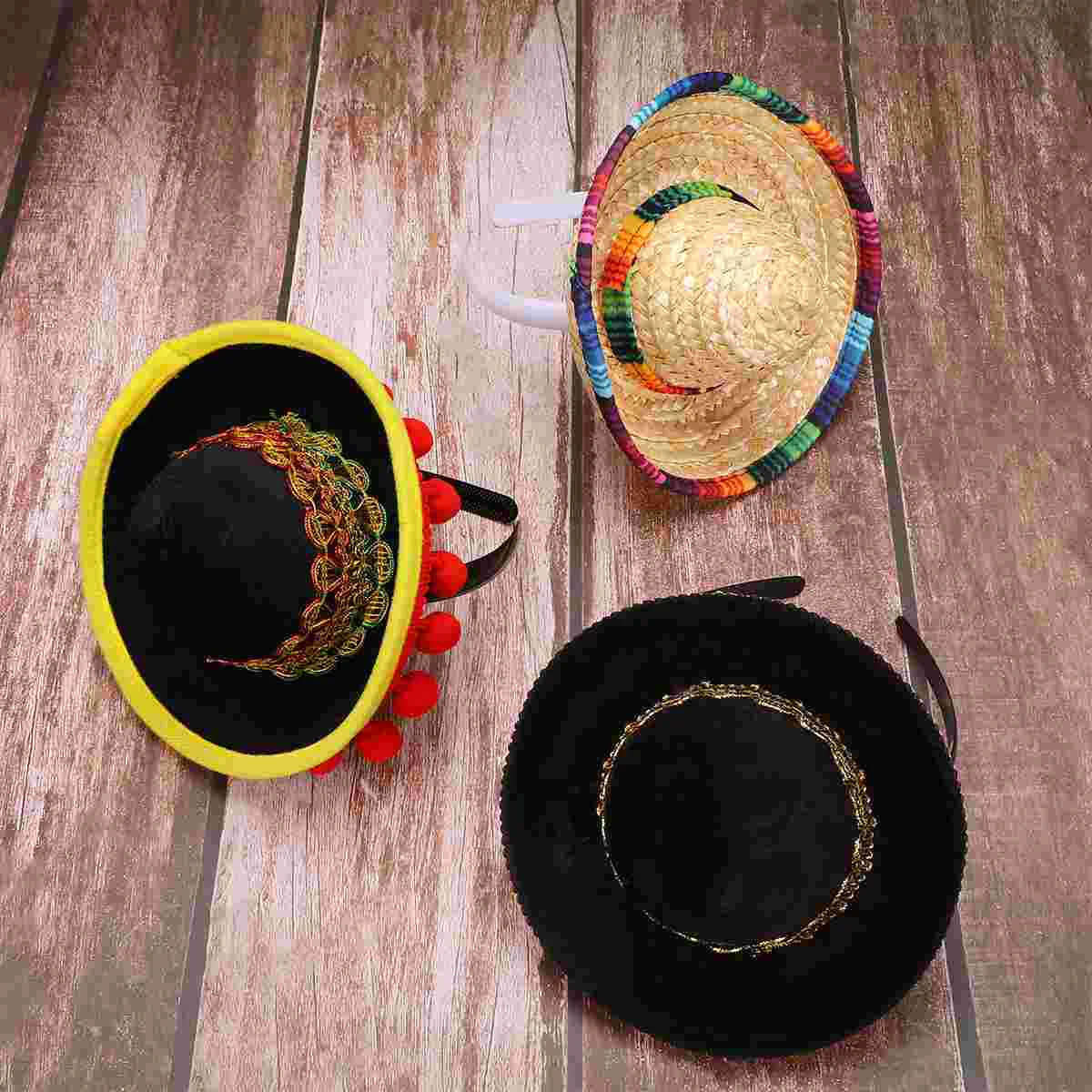 3 Pcs Mexico Sombrero Mexican Folk Style Hat Hats Festical Straw Sombreros Headband