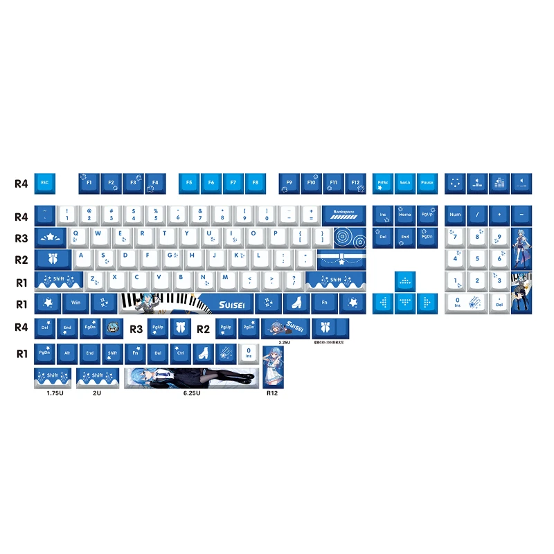 Suisei-Bonito azul e branco PBT Keycaps, Custom Cherry Profile Keycap, Design original para teclado mecânico